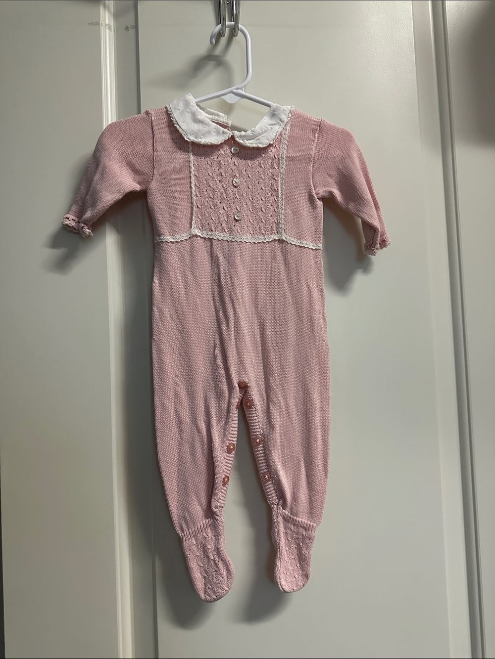 Pink Knit Footed One-Piece with White Peter Pan Collar